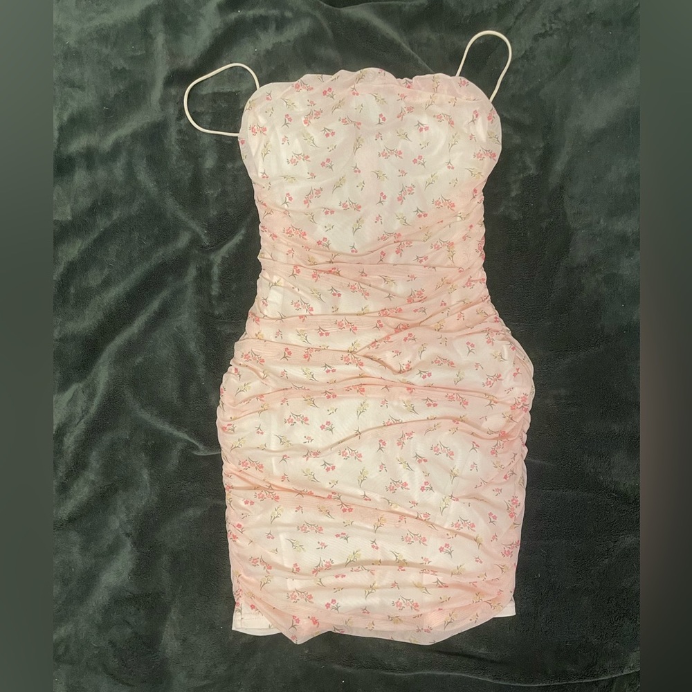Pink ruche dress. Floral pattern. Built in bustier bra